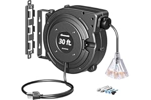 DEWENWILS 30FT Retractable Extension Cord Reel, 16/3C SJTW Heavy Duty Power Cord, Lighted Triple Outlets, 10A Circuit Breaker