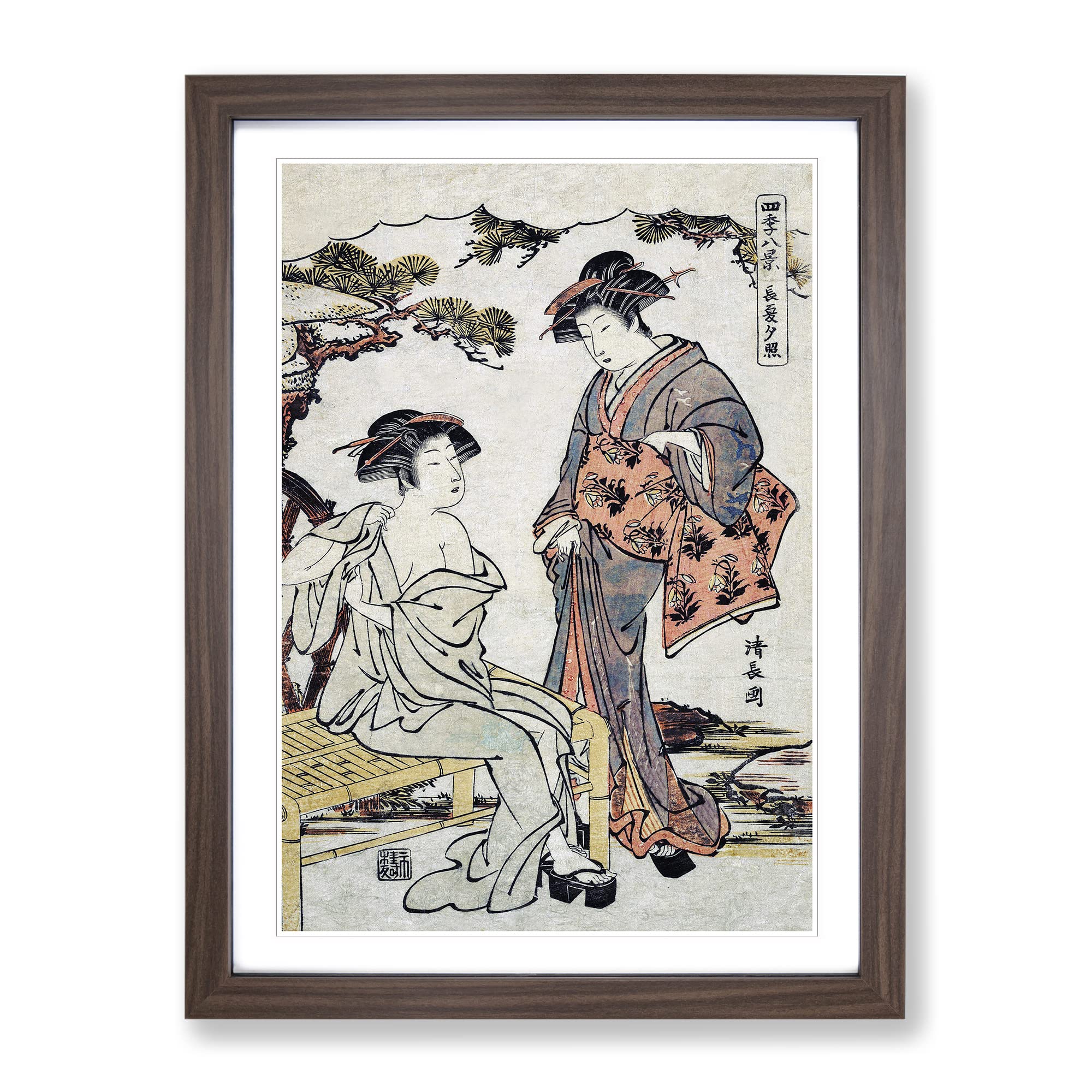 Dressing A Lady By Torii Kiyonaga Asian Japanese Framed Wall Art Print, Ready to Hang Picture for Living Room Bedroom Home Office Décor, Walnut A4 (34 x 25 cm)