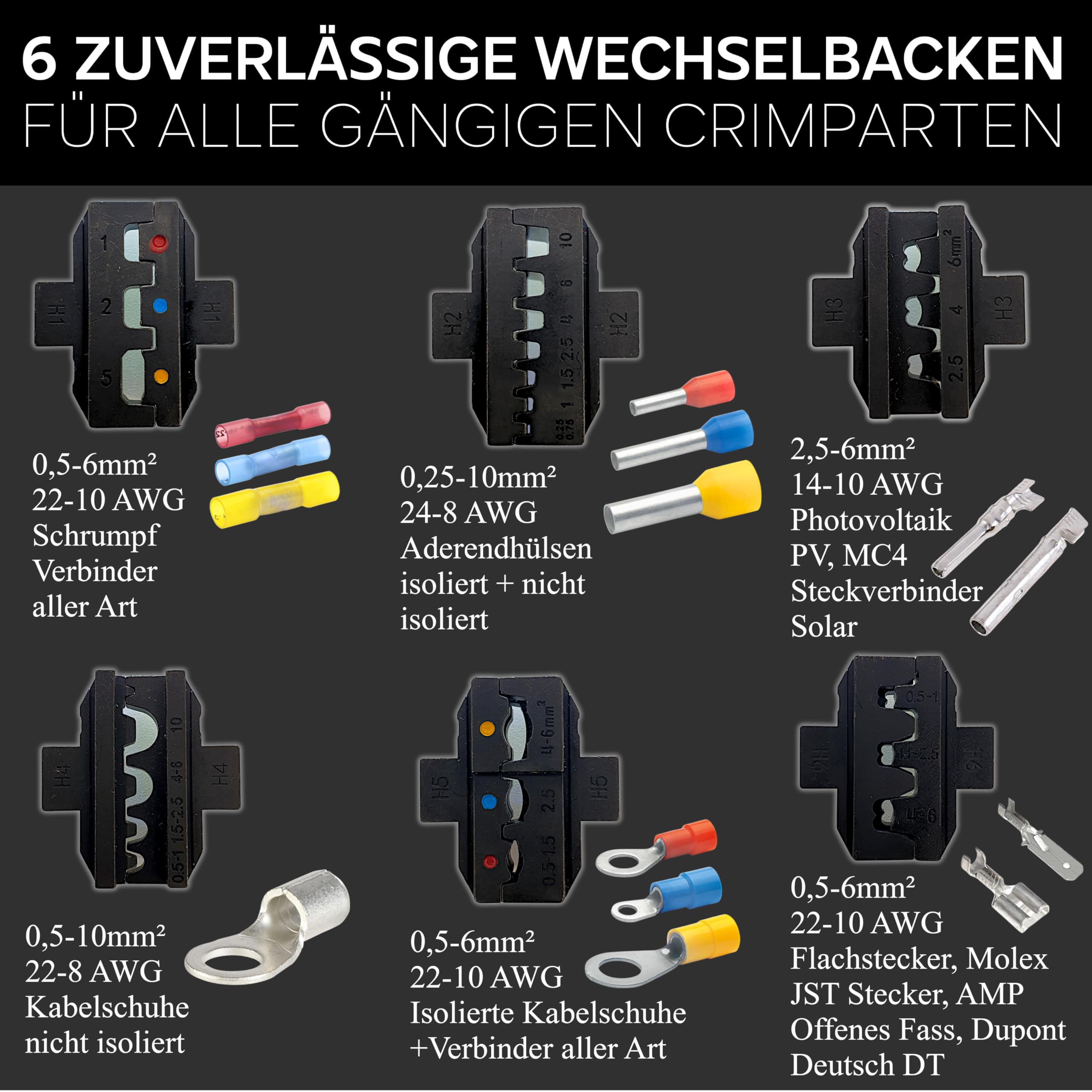 ALPHATEC® Crimpzange Set mit Wechselbacken inkl. automatische Abisolierzange - [0,25-10mm²] - Crimpzange Kabelschuhe, Aderendhülsenzange, Flachstecker, MC4 Zange PV Solar - Krimpzangenset 8-teilig 3