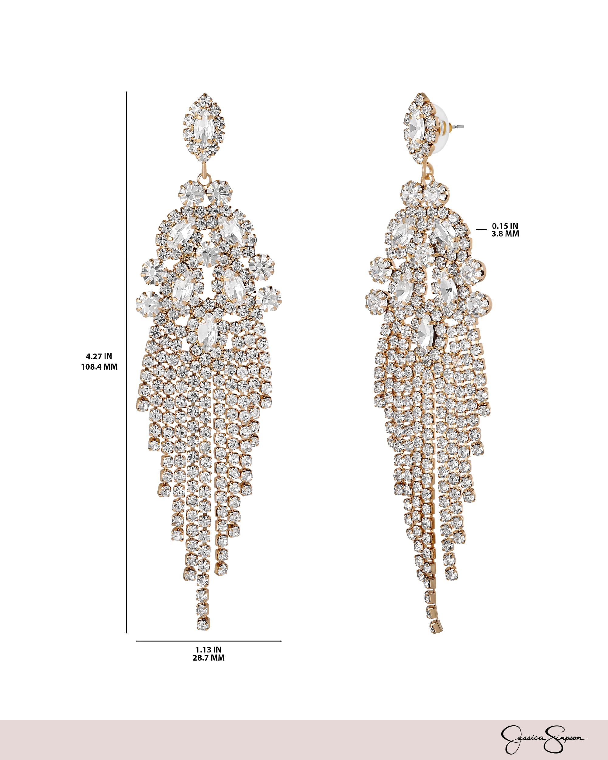 Jessica Simpson Clear Crystal Dangle Earrings for Women, Gold-Tone Valentines Earrings with Rhinestone Fringe