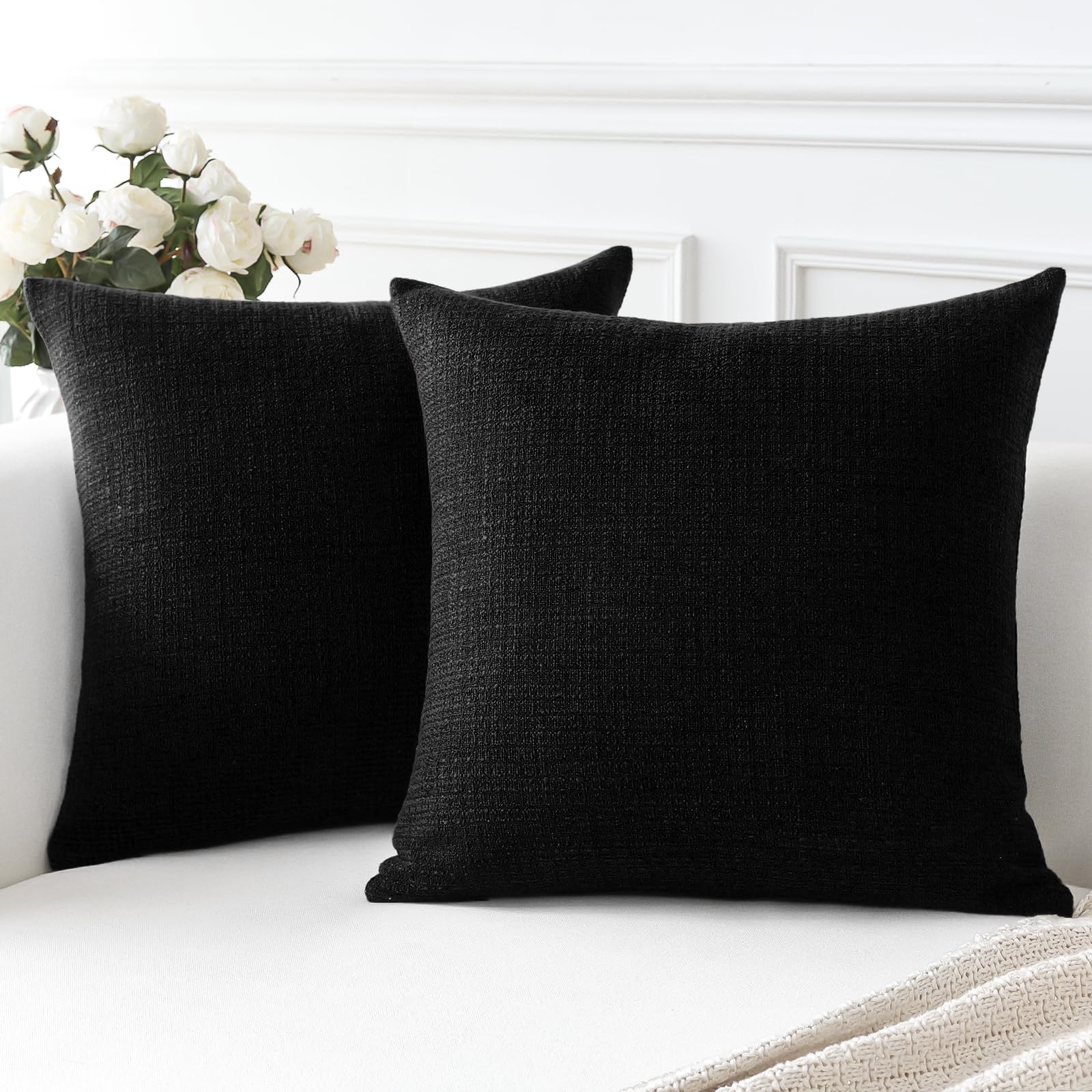 Artscope Black Cushion Covers Set of 2 Linen Decorative Square Pillowcases Pillow Covers 40x40cm for Home Decor Sofa Bedroom Car (Black, 16x16) — image 1
