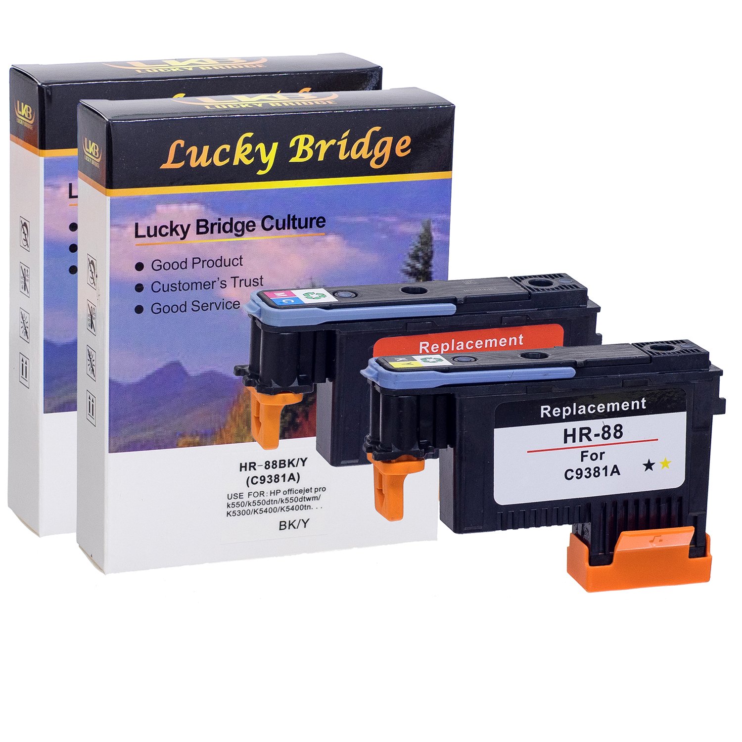 Lucky Bridge 2PK HP88 Printhead C9381A C9382A Remanufactured with chip never used Compatible for HP Officejet (1 BY, 1MC)