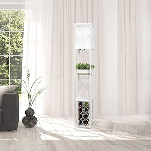 Simple Designs LF1015-WHT Etagere Organizer Storage Shelf and Wine Rack with Linen Shade Floor Lamp, White
