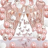 Butterflies Pink Birthday Decorations, Happy Birthday Banner Star Balloons Fringe Curtain Rose Gold Birthday Party Decorations for Women Girls Princess Party Decorations