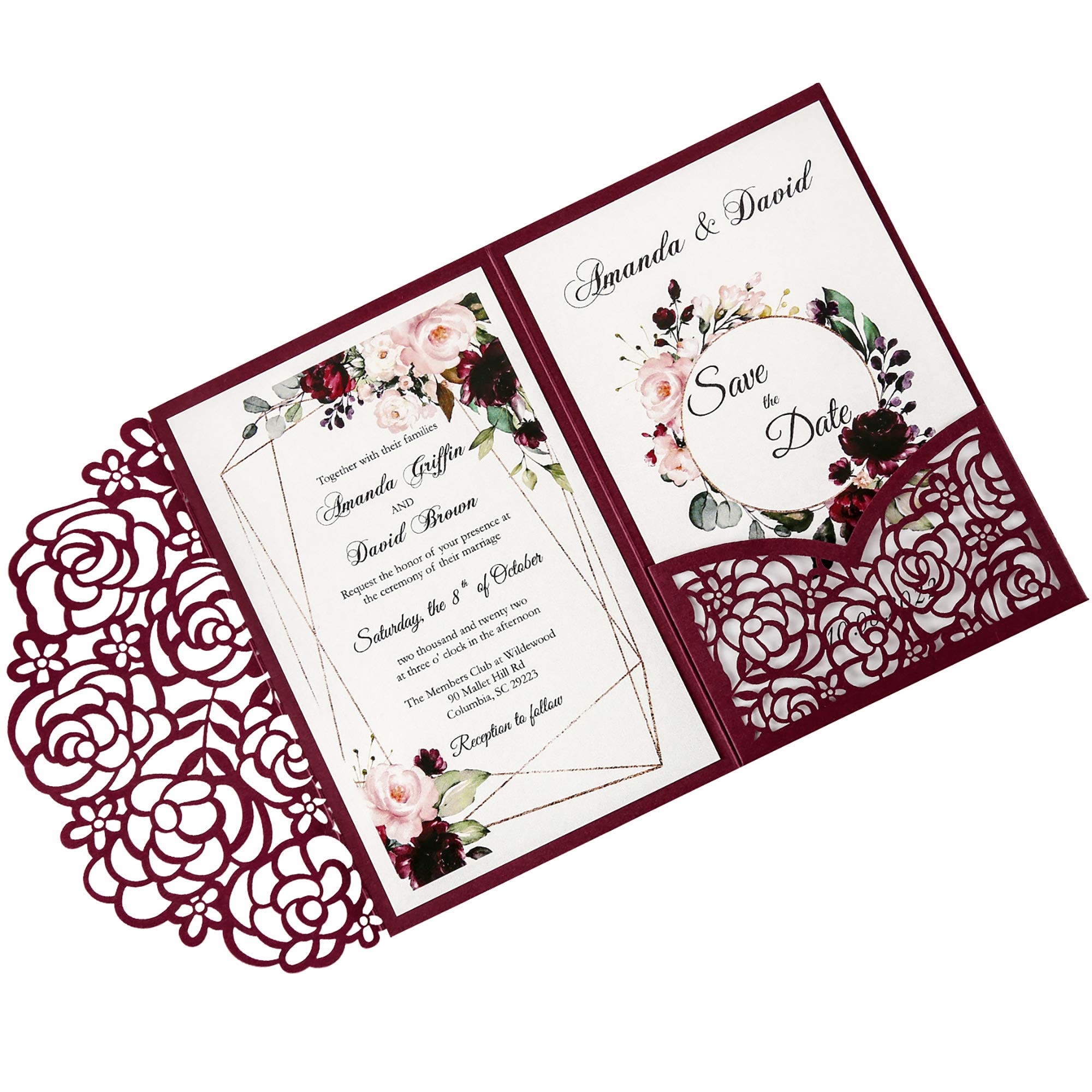 DreamBuilt 4.7 x7 inch 50PCS Blank Burgundy Wedding Invitations Kit Laser Cut Hollow Rose Pocket Wedding Invitation Cards with Envelopes for Wedding Bridal Shower Engagement Invite