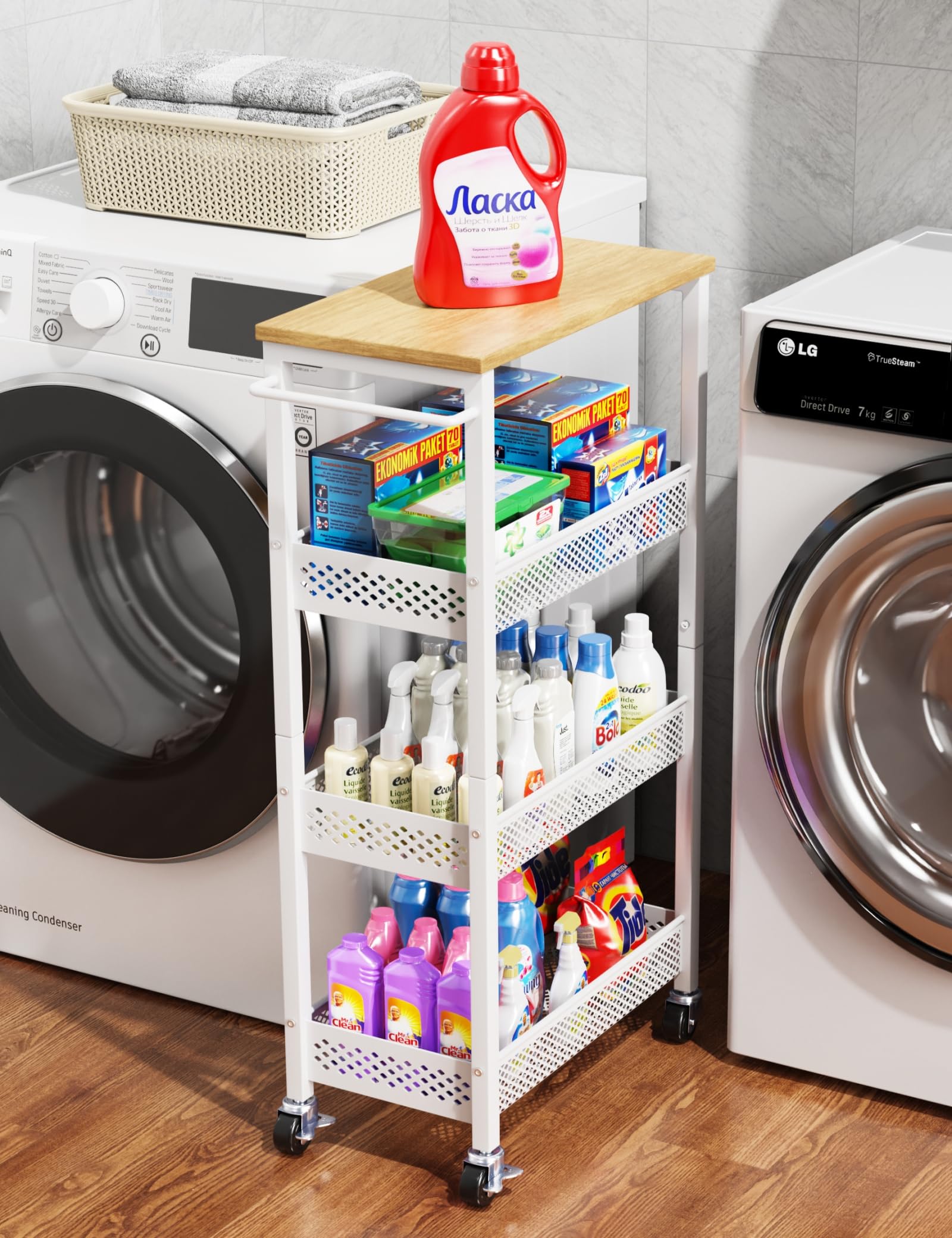 Photo 1 of OKZEST Utility Slim Storage Cart, 4-Tier Narrow Kitchen Laundry Room Organization and Storage Cart with Wood Top, Metal Narrow Bathroom Storage Cabinet, Slim Rolling Carts with Wheels for Small Space