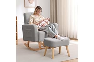 HCHAIRH Rocking Chair with Ottoman, Nursing Glider Rocker with High Backrest and Side Pocket, Comfy Reading Chair with Solid Wood Legs for Nursery/Living Room/Bedroom Light Grey