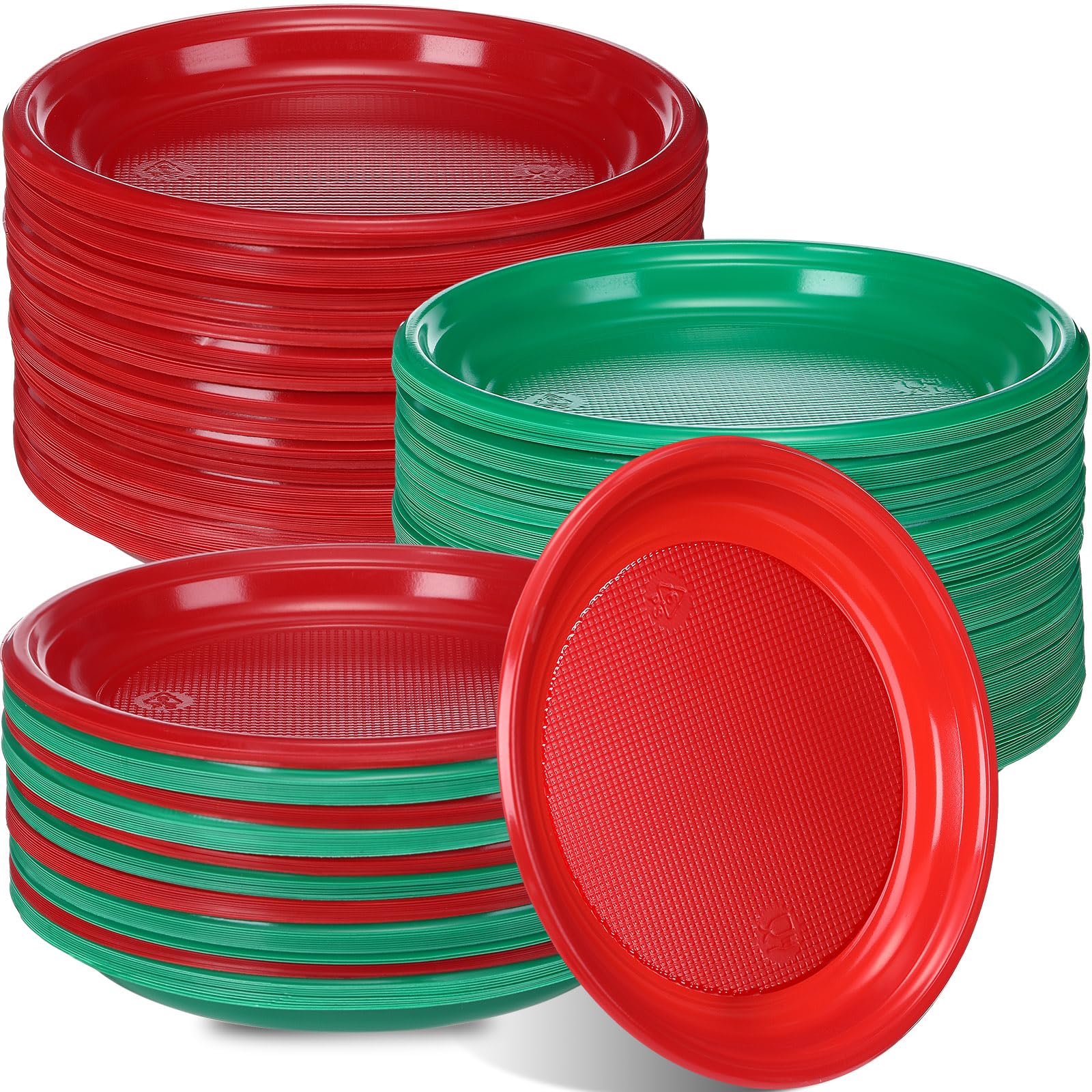Photo 1 of Ziliny 300 Pcs Christmas Green Red Plastic Plates Christmas Disposable Plates Bulk Round Dinner Dessert Dinnerware for Events Salad Cake Appetizer Birthday Party Supplies Decoration(9 Inch)