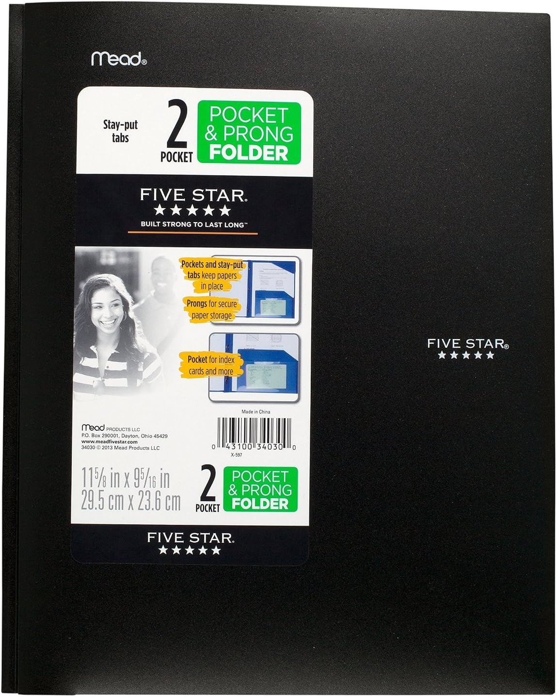 Five Star 2 Pocket Folders with Prong Fasteners, Stay-Put Folder, Folders with Pockets, Plastic, Black, Red, Green, Blue, 4 Pack (38064) : Office Products