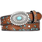 XZQTIVE Women Western Leather Belt Vintage Country Belts For Cowgirl Jeans Dresses Ladies Concho Belt With Turquoise Buckle