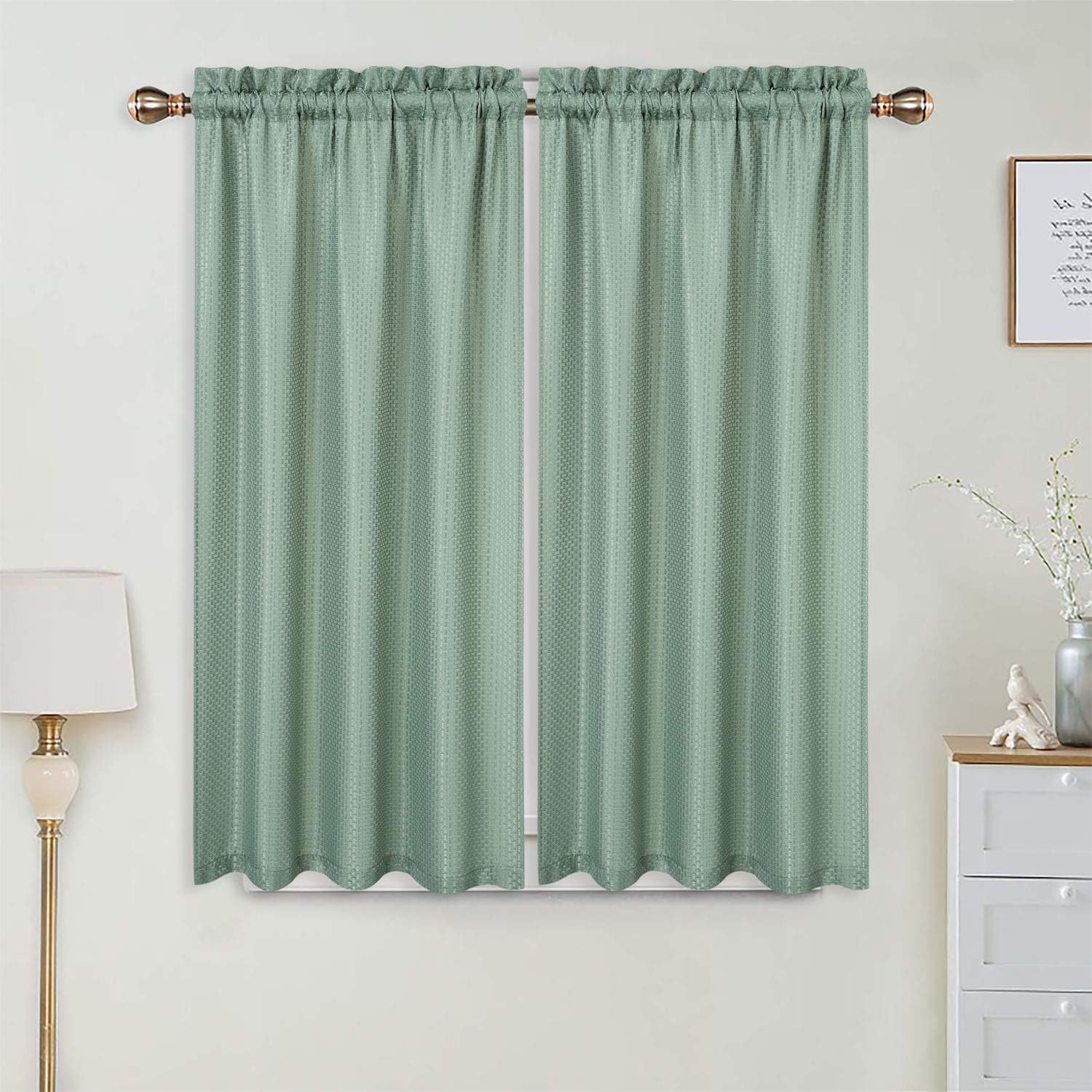 LinTimes Kitchen Tier Curtains, Waffle Weave Textured Waterproof Short Curtains Half Window Curtains Tier Curtains for Kitchen, Bathroom, Living Room (30"*45", Sage, Set of 2)