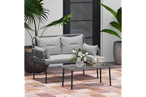 Outsunny 2 Pieces Wicker Patio Furniture Set, Small Patio Set with Outdoor Loveseat, Glass Top Coffee Table, Rattan Outdoor F