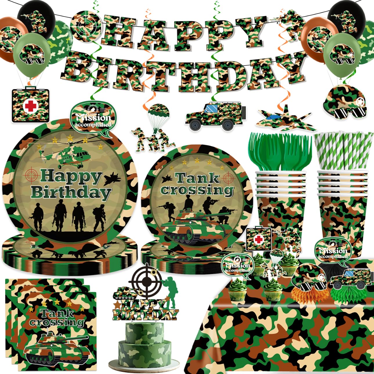 Photo 1 of 198pcs Army Birthday Party Decorations Include Camo Plates and Napkins Set, Banner, Hanging, Tablecloth, Balloon, Cupcake Topper, for Camouflage Hunting Military Theme Birthday Party, Serve 25