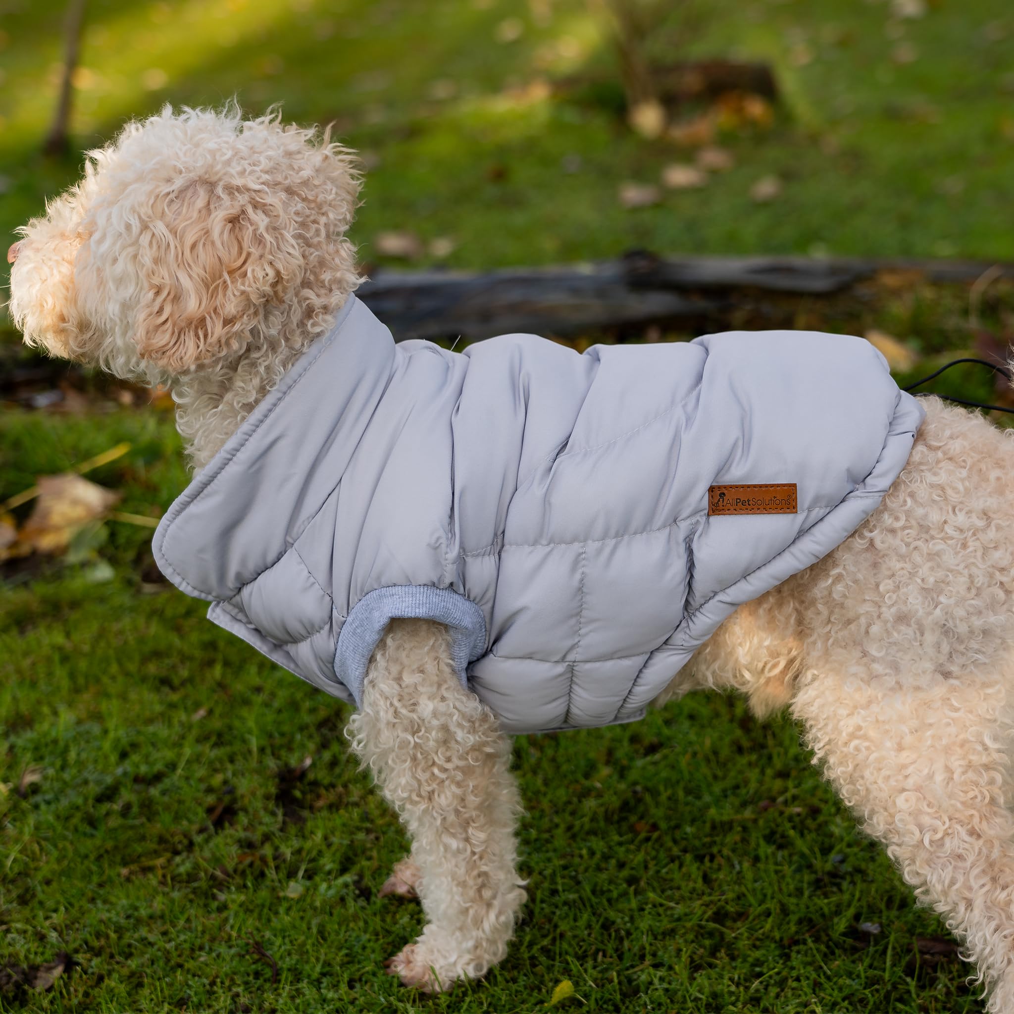 AllPetSolutions Small Dog Padded Jacket Coat in Grey | Dog Puppy Puffer Showerproof Warm Winter Jacket - Windproof, with Fleece Lining and Lead Hole - Small Size - 25cm Collar To Tail Length