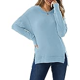 AirZeal Womens Long Sleeve Tops Ribbed Loose Fit Oversized Shirt with Side Slit High Low Hem Fall T Shirts