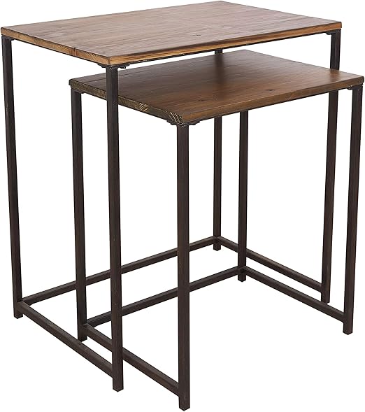 Amazon Com Nesting Table Set Of 2 Stackable Coffee Table Rectangle Side End Table For Living Room Balcony Metal Frame And Wood Tabletop Brown Kitchen Dining
