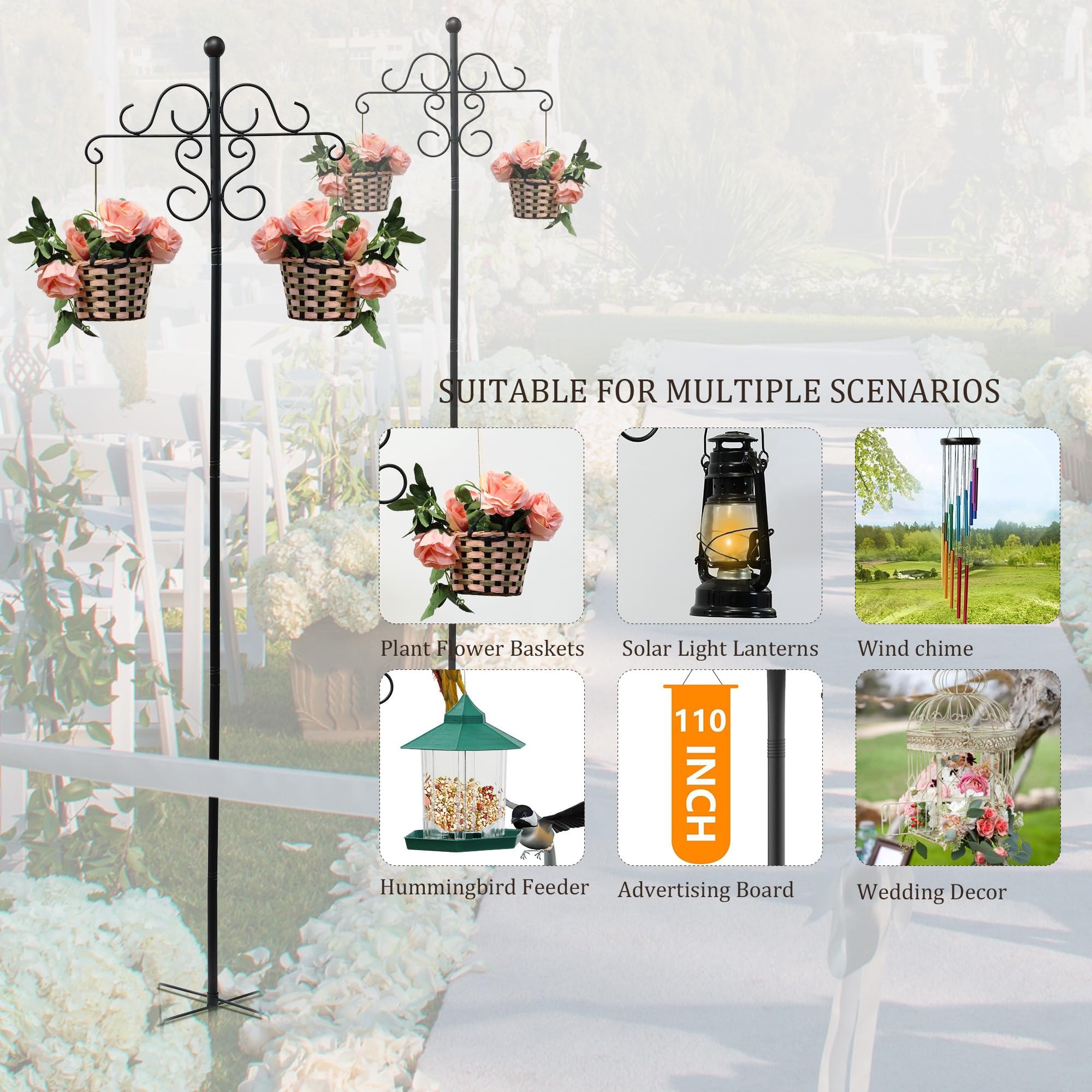 108 Inch 2 Pack Double Shepherds Hooks for Outdoor with 5 Prongs Base, Adjustable Heavy Duty Bird Feeder Poles, Garden Multi Hooks Hanger Stands for Hanging Bird Feeder, Plant Baskets, Solar Lanterns