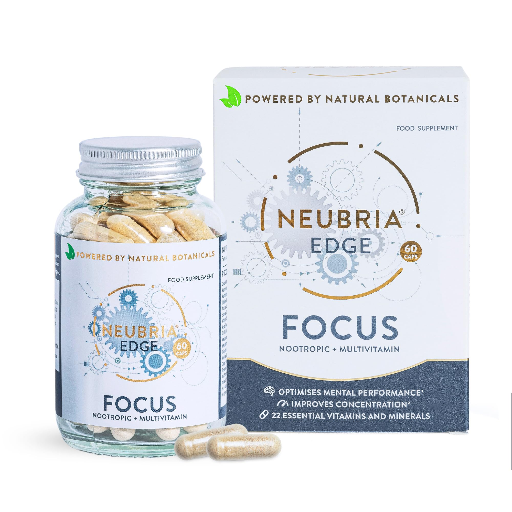 NEUBRIA Edge Focus Supplement – Multivitamin + Nootropics Brain Support with Bacopa Monnieri, Ashwagandha, Rhodiola, Ginkgo Biloba, Sage, Blueberry & Rosemary – Potent Cognitive Formula – 60 Capsules