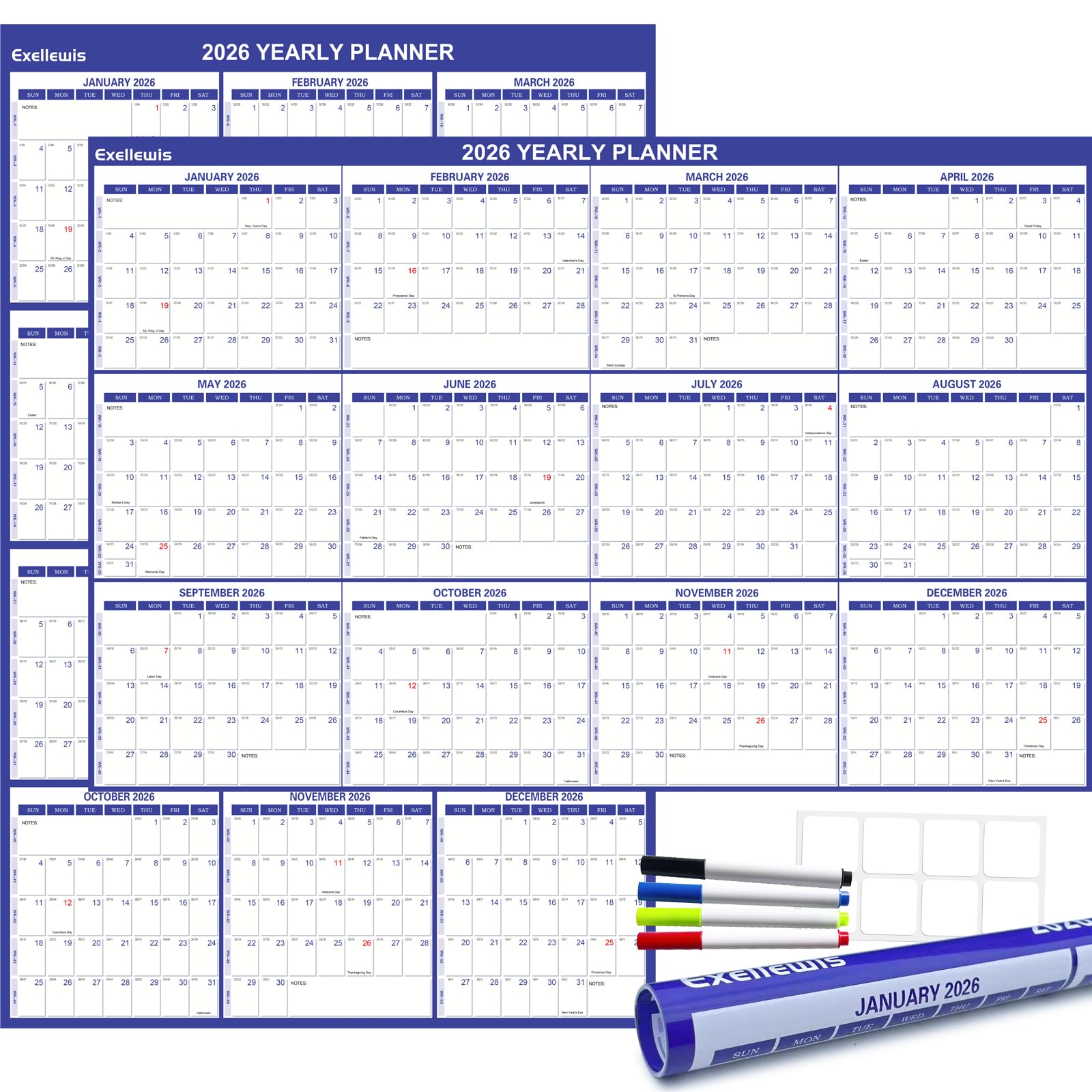 Photo 1 of 2026 Wall Calendar 24" x 36" with Week Numbers, 12 Months from January to December, Dry Erase Large Annual Yearly Planner, Horizontal/Vertical Large Calendar for Easy Planning, Organizing (indigo)
