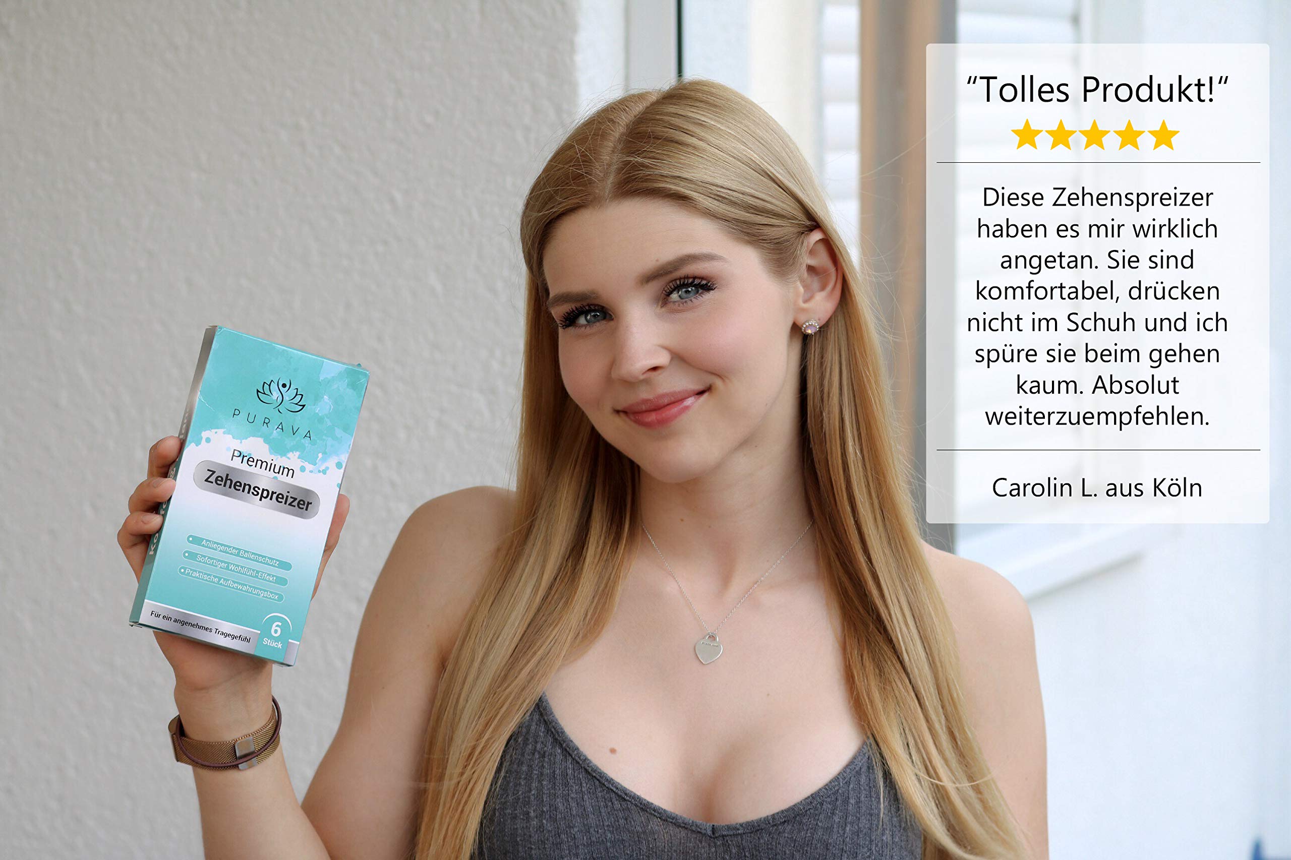 6x Separador de Dedos Pie Hallux Valgus de PURAVA - Con Caja de Transporte Higiénica - Confort Óptimo Gracias a la Innovadora Silicona de Gel Suave - sin BPA - 1 año de Devolución de Dinero - Tamaño Universal