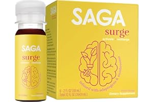 SAGA Surge Organic Energy Shots | Yerba Mate & Alpha GPC Supplement with CoQ10, Turmeric & Mushrooms | Pre Workout Boost Drink for Focus & Performance | 2oz Peach Mango