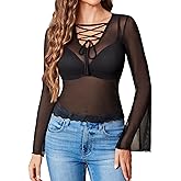 Avidlove Bell Sleeve Criss Cross V Neck Tops for Women Sheer Mesh Shirt Going Out Blouses
