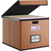 Huolewa File Organizer Box with Lids, Collapsible File Folder Organizer | File Box with Plastic Slides for Document, Filing Bin for Letter Size Hanging File Folders (1 Pack, Caramel, Leather)
