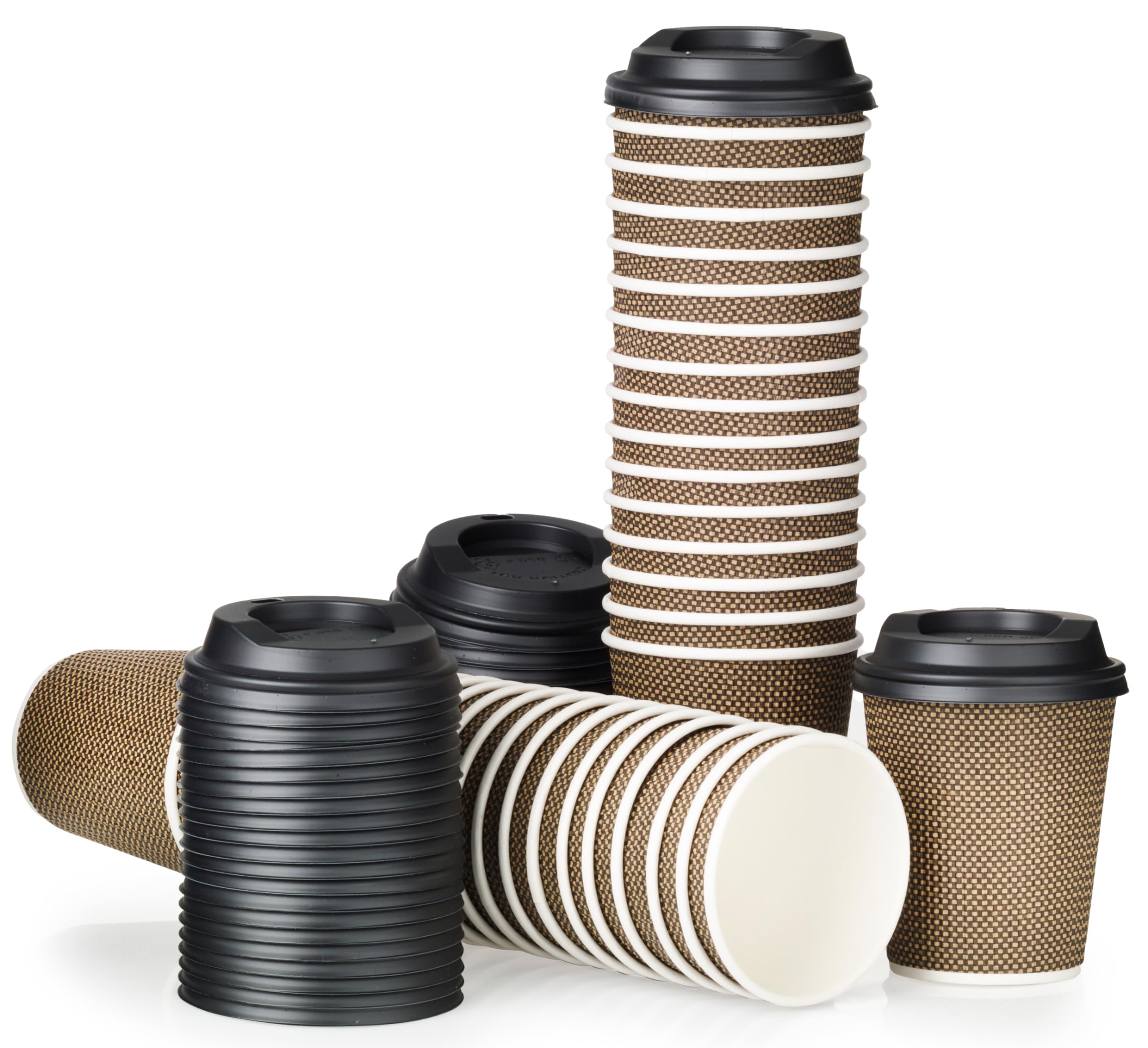Signature Packaging – Luxury Ripple Insulated Paper Cups with Lids, Disposable for Coffee, Hot Beverages, Leak-Proof for Cafes, and Catering - 8oz Pack of 50 (Black + Gold) Cups with 50 Black Lids