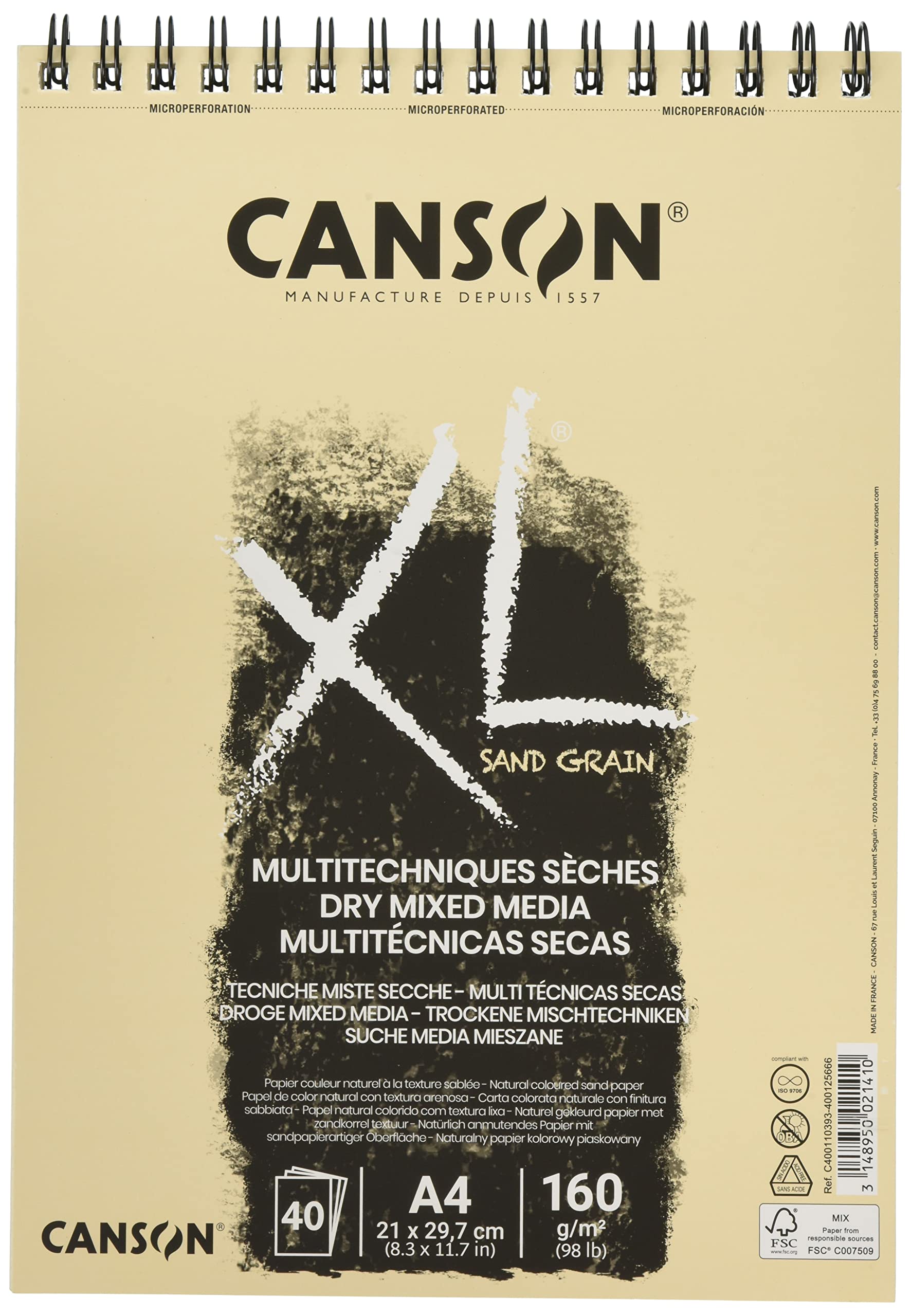 CANSON XL Sand Grain Dry Mixed Media 160gsm A4 Paper, Sand Finish, Spiral Pad Short Side, 40 Natural Sheets, For Professional Artists & Illustrators