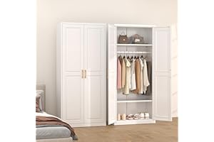 TIMELESS PIECES Metal Wardrobe Cabinets，Armoire Wardrobe Closet with Hanging Rod,Clothes Storage Cabinet with Adjustable Shelves and Doors, Clothing Cabinet for Bedroom, Office, Laundry Room