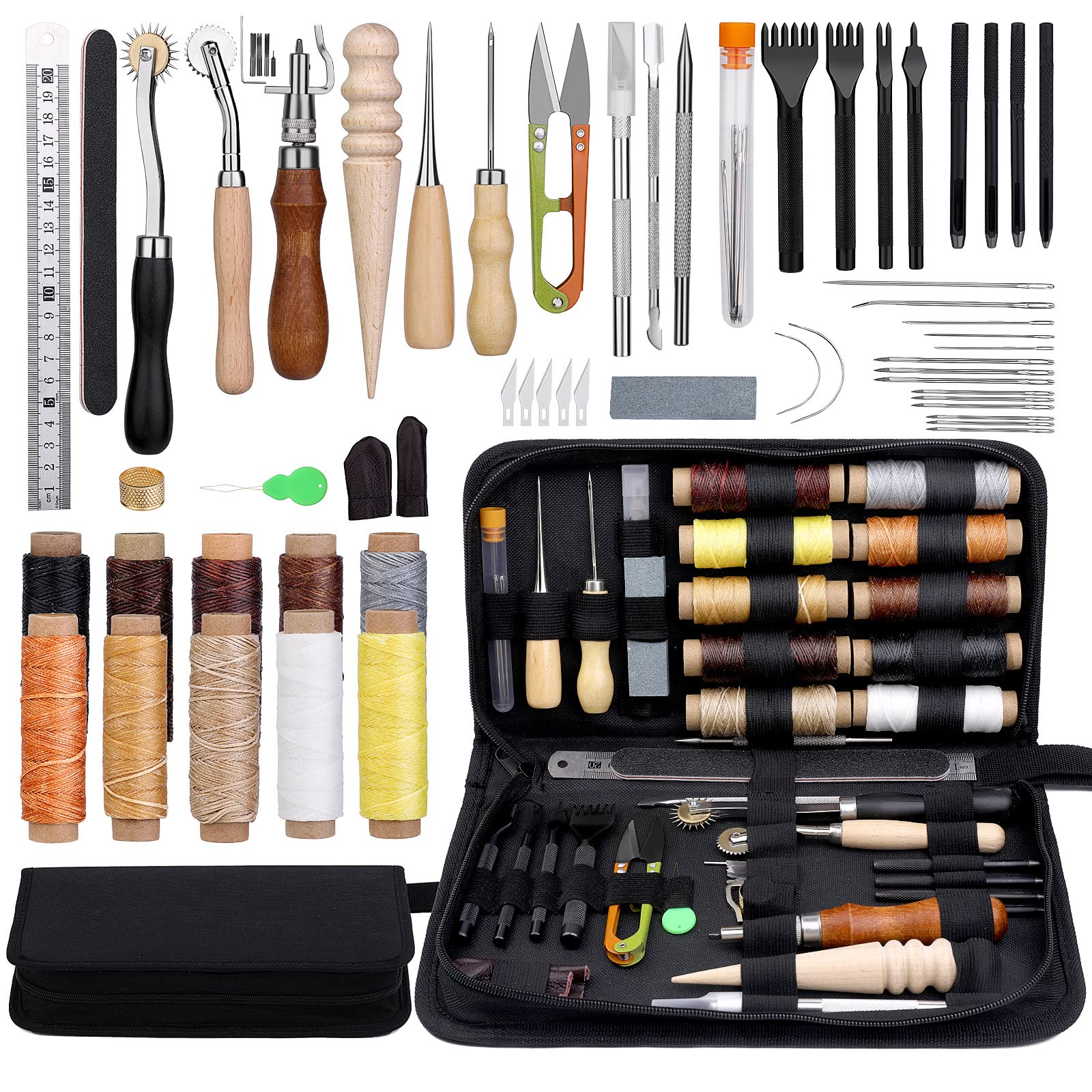 Leather Working Tools Leather Craft Tools and Supplies Leather Craft Kit with Waxed Thread Stitching Groover Awl for Cutting Punching, Leather Sewing Craft Making and Craft DIY