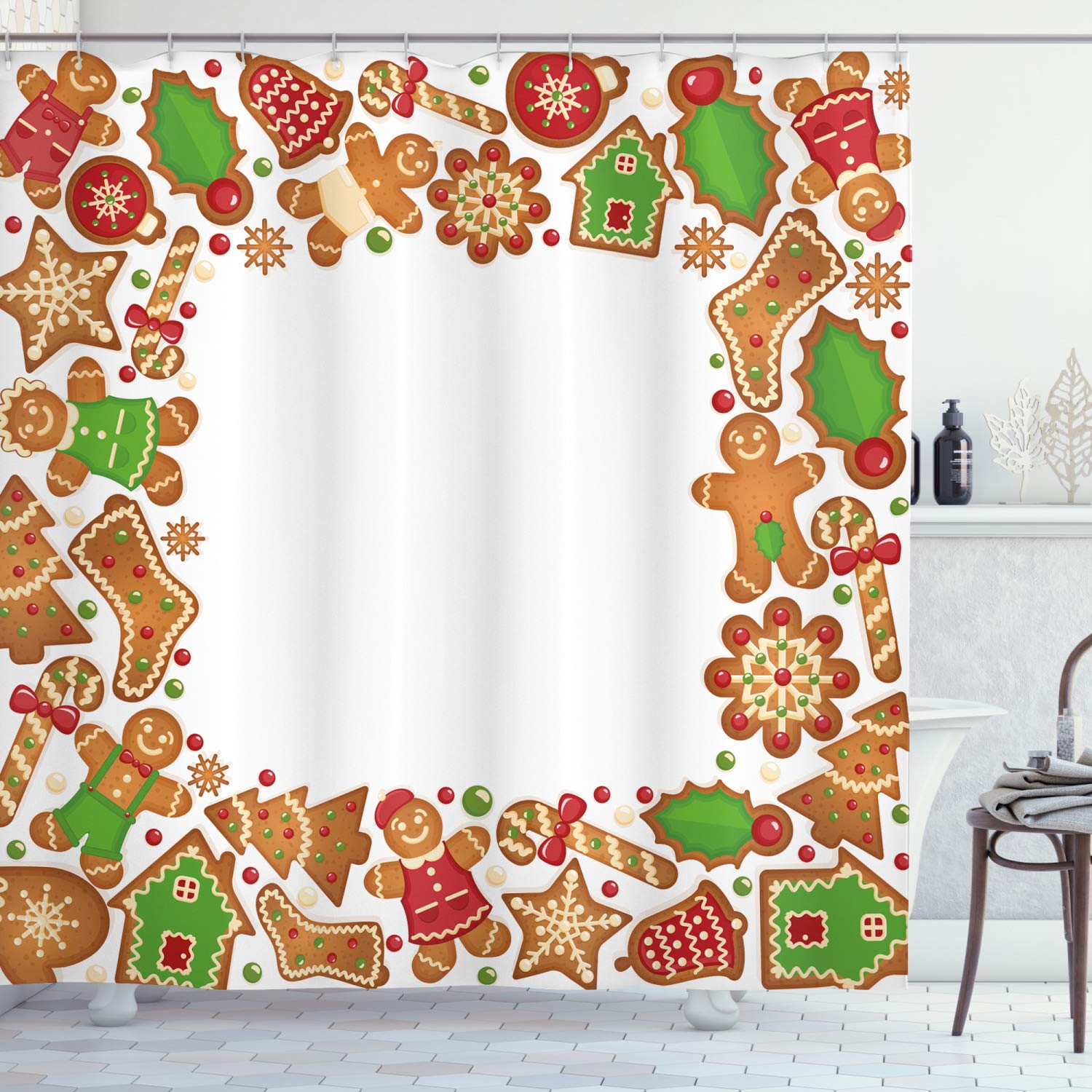 ABAKUHAUS Christmas Shower Curtain, Taste of Xmas Season Frame Gingerbread Cookies and Biscuits, Cloth Fabric Bathroom Decor Set with Hooks, 86 Inches Extra Long, Green Brown and Red