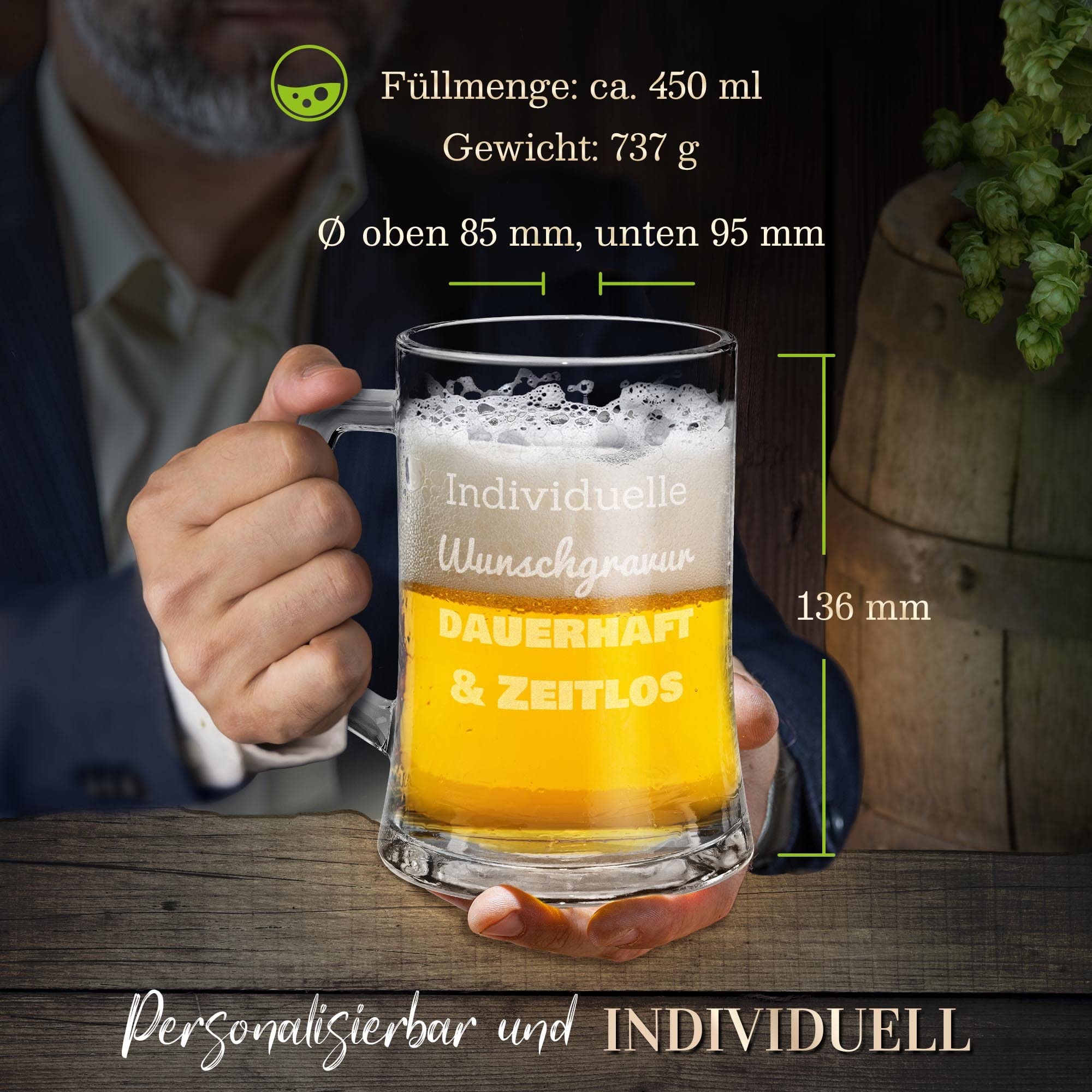 Print Royal PR Bierglas mit Gravur - mit Name oder Text - Personalisiertes Geschenk für Biertrinker, Bier Geschenke, graviertes Bierglas Gravur, Weihnachten | Lasergravur, mit Henkel, 450 ml 2
