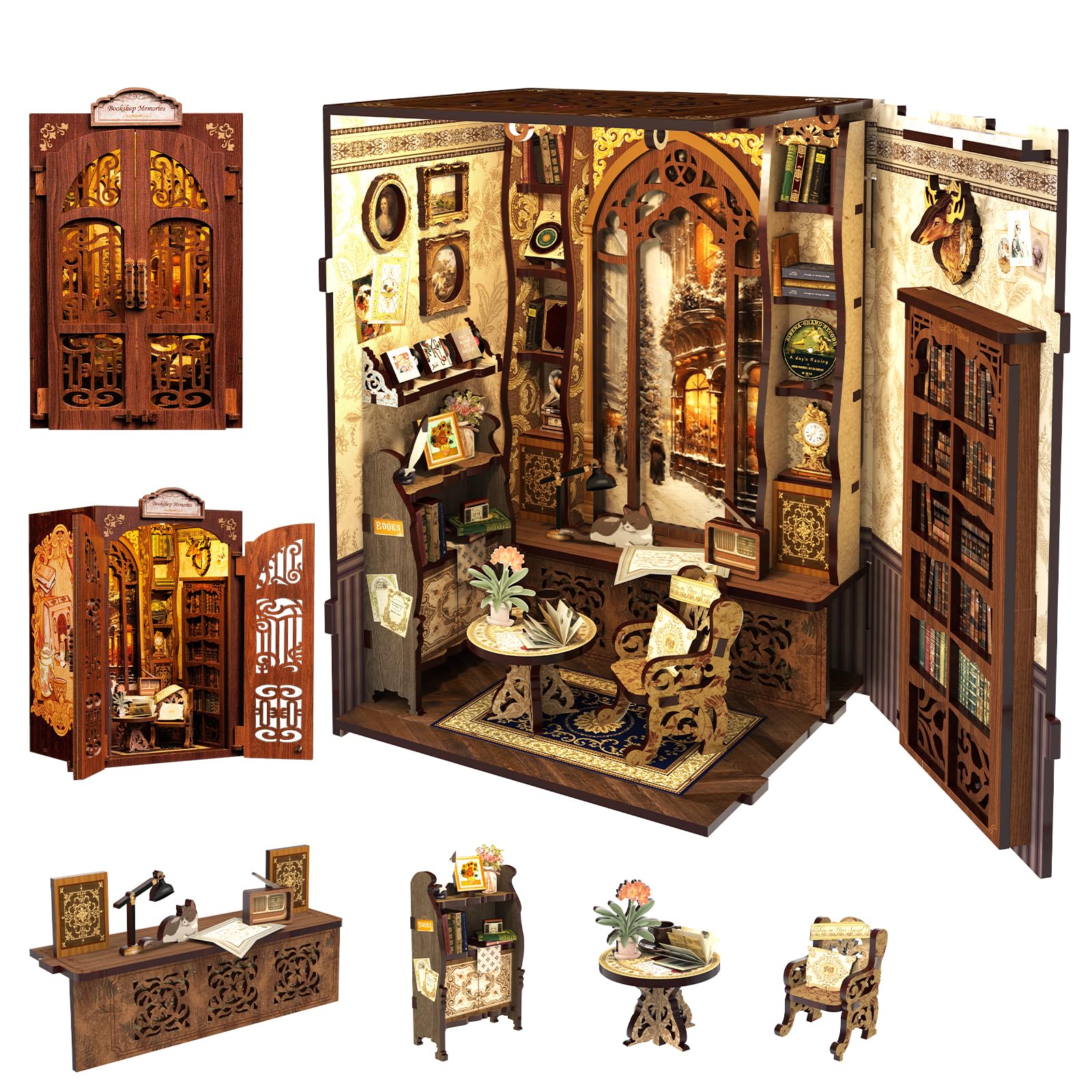 Fsolis Book Nook Kits for Adults, 3D Wooden Puzzles Book Nook, Diy Miniature House Kit Bookshelf Decor Tiny House Model Kits Gifts for Friend (Bookshop Memories) — image 1