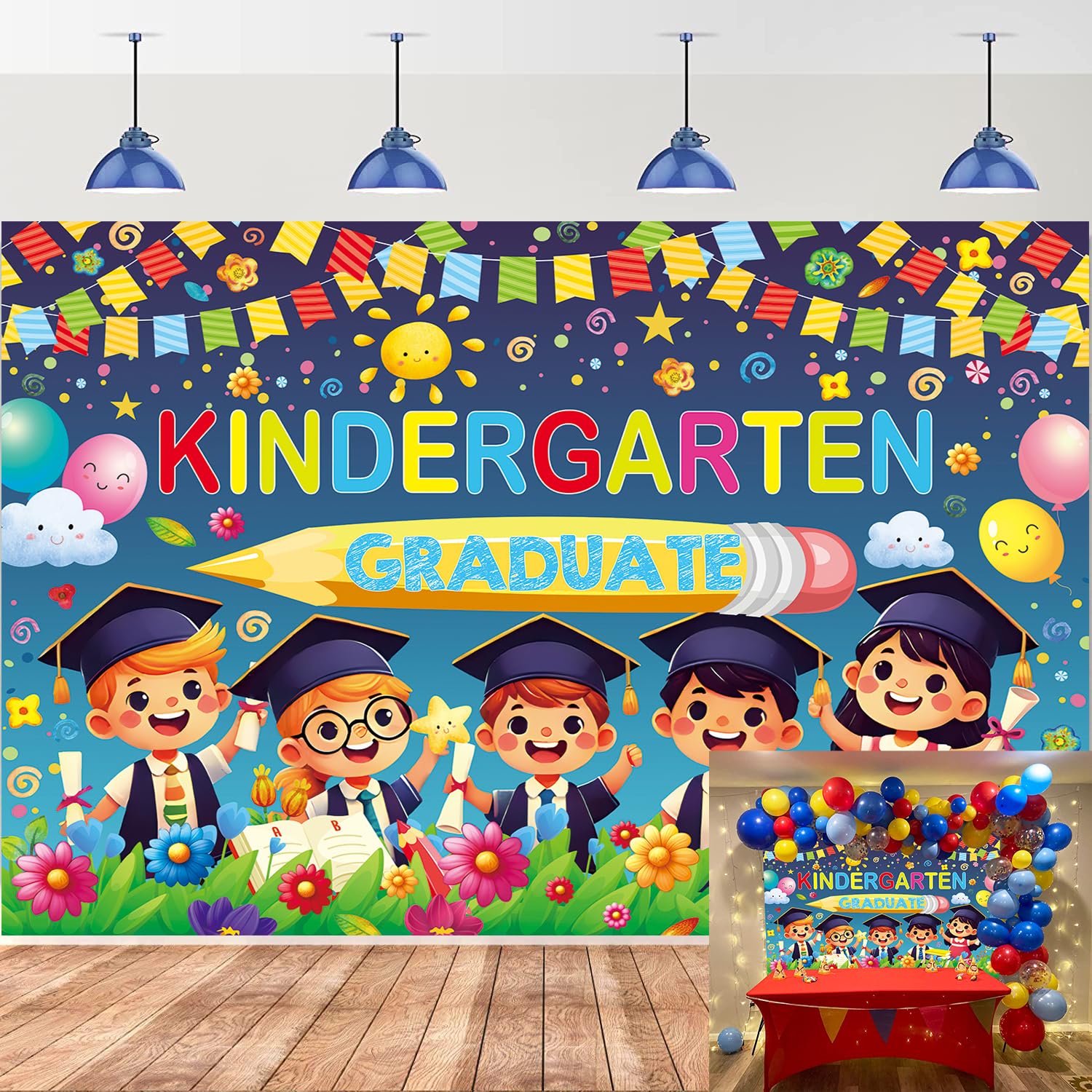 Photo 1 of Kindergarten Graduation Backdrop 2025 Preschool Graduation Decorations Kindergarten Graduation Banner Photography Background Congrats Kids Grad Class School Party Decor Photo Booth Props (7x5FT)