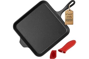 HEROFIBER Cast Iron Square Griddle Pan 11 Inch - Pre-Seasoned with Heat-Resistant Handle for Stove Top, Campfire, Indoor, and Outdoor Cooking, Oven-Safe Durable Cookware