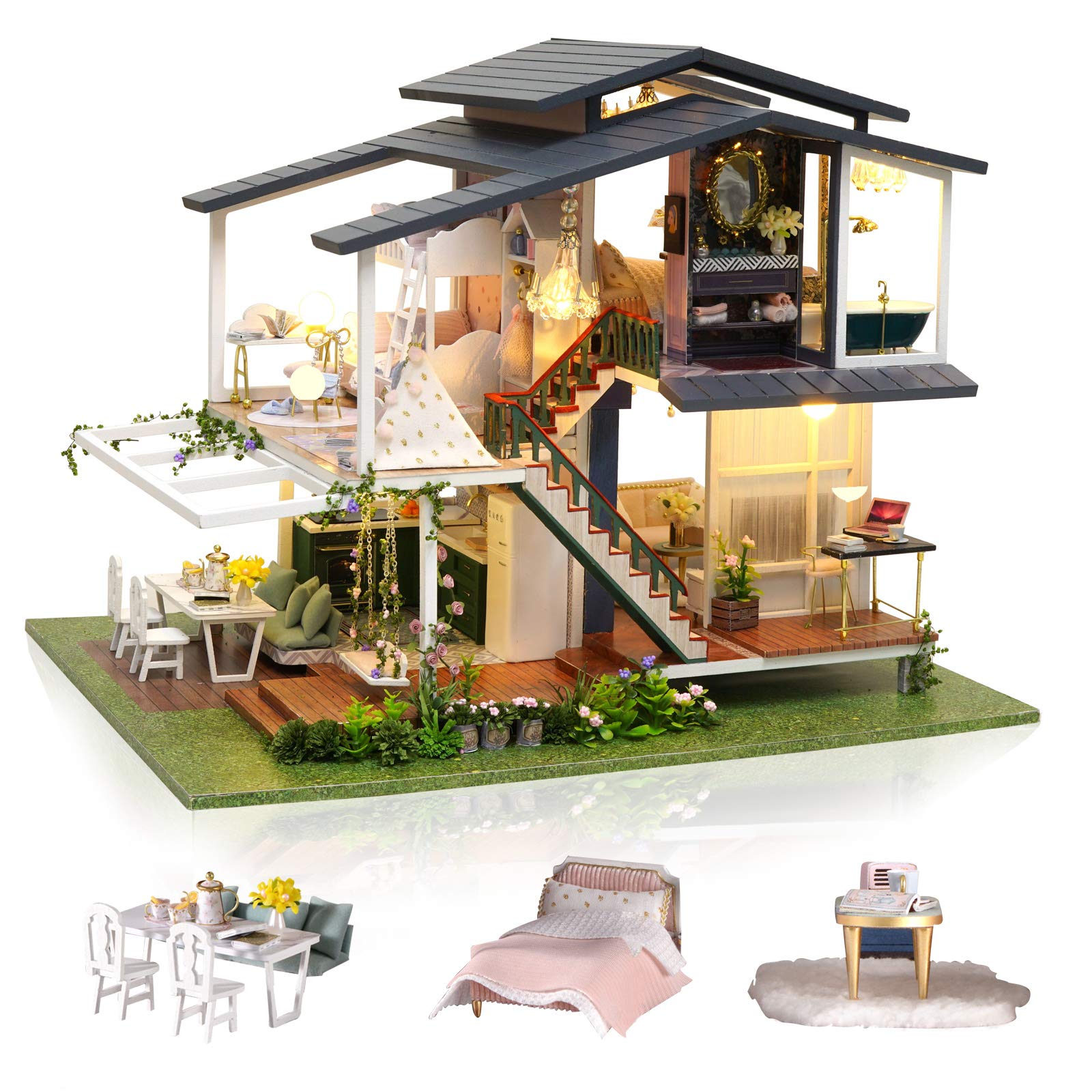 Cuteefun Miniature DIY Dolls House Kit, Wooden Doll house Kit with Furniture, Music Box, Handmade Crafts for Adults 1:24 Scale for Birthday Valentine's Day Father's Day (Monet Garden)