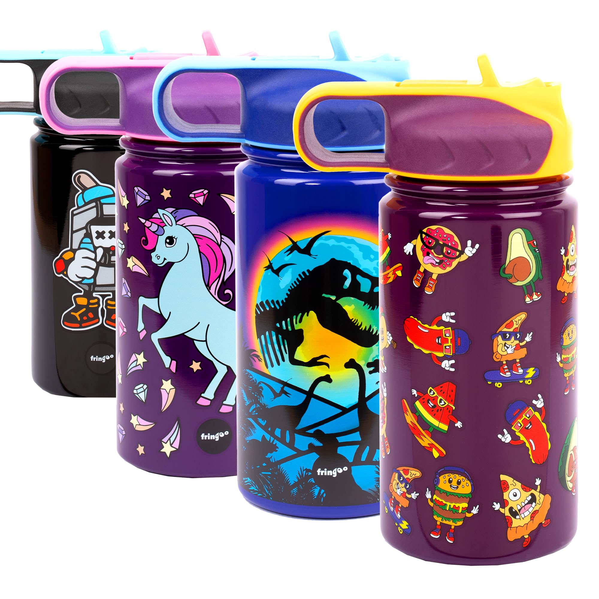 Fringoo - Cool Kids Water Bottle with Straw- Short BPA Free Water Bottles - Insulated Water Bottle - Stainless Steel Water Bottle - Kids Water Bottles - Reusable Water Bottle - 350 ml