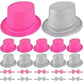 12 Pcs Top Hats Adult Glitter Top Hats with 12 Pcs Bow Ties Glitter Plastic Disco Party Hat for New Year Eve 2026 Shiny Magician Top Hat Magician Birthday Wedding Cosplay Party Supplies(Pink,Silver)