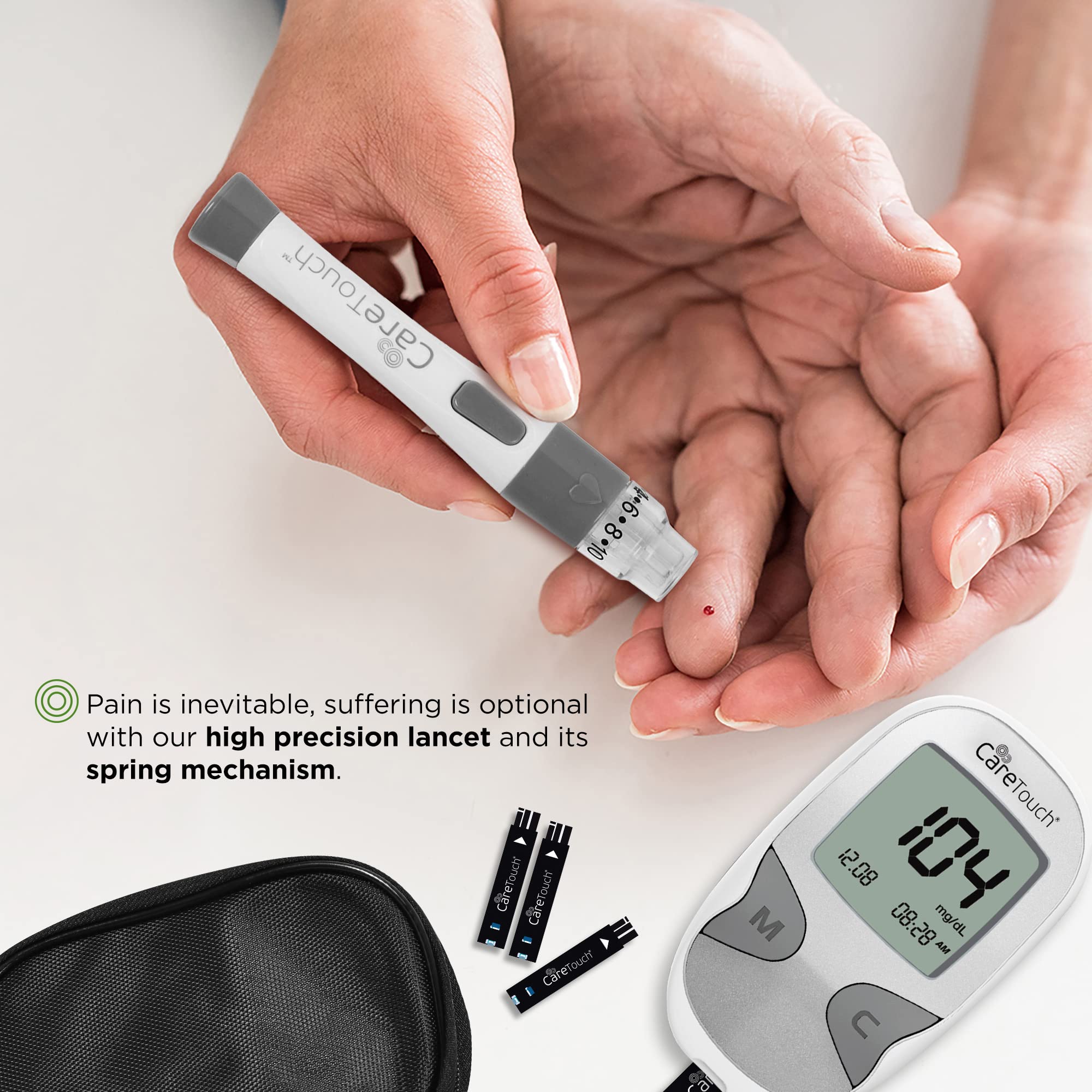 Care Touch Blood Glucose Monitor Kit-Diabetes Testing Kit w/1 Glucometer 100 Caretouch Blood Glucose Test Strips 1 Lancing Device 100 Lancets & Travel Case-Blood Glucose Monitors, Blood Sugar Test Kit