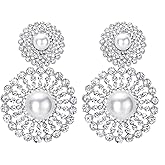 Wedding Rhinestone Synthetic Pearl Cluster Large Circle Flowers Long Drop Statement Earrings Elegant