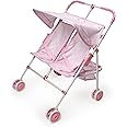 Badger Basket Folding Double Doll Umbrella Stroller for Dolls Up to 18 Inches - Lightweight, Compact Tandem Doll Stroller with Safety Belts, Pink and White Design