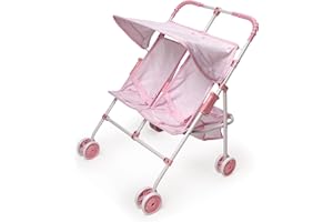 Badger Basket Double Doll Stroller - Foldable Tandem Stroller for Dolls with Canopy, Basket & Safety Belts - Lightweight Toy for Kids - Design in Pink & White