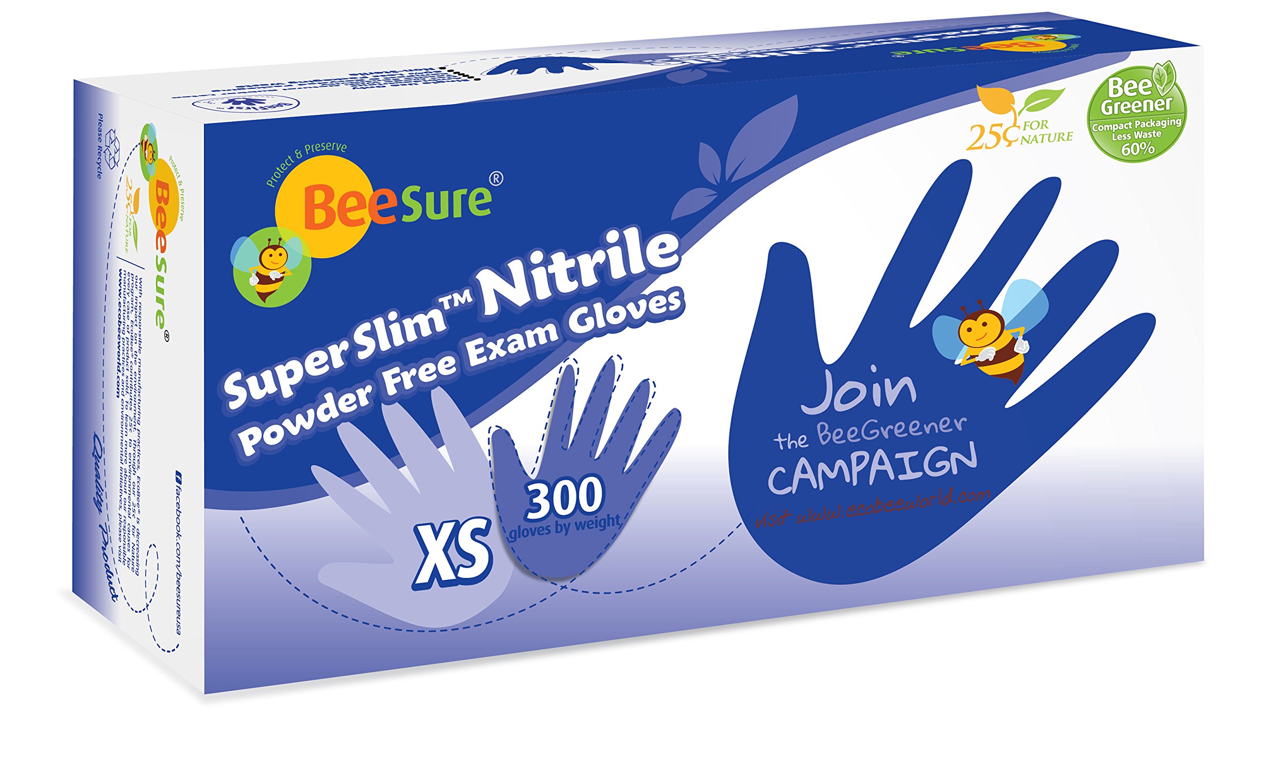 BeeSure BE1145case Super Slim Powder Free Exam Gloves, Nitrile, Beaded-Cuff, XS, Blue (Pack of 3000)