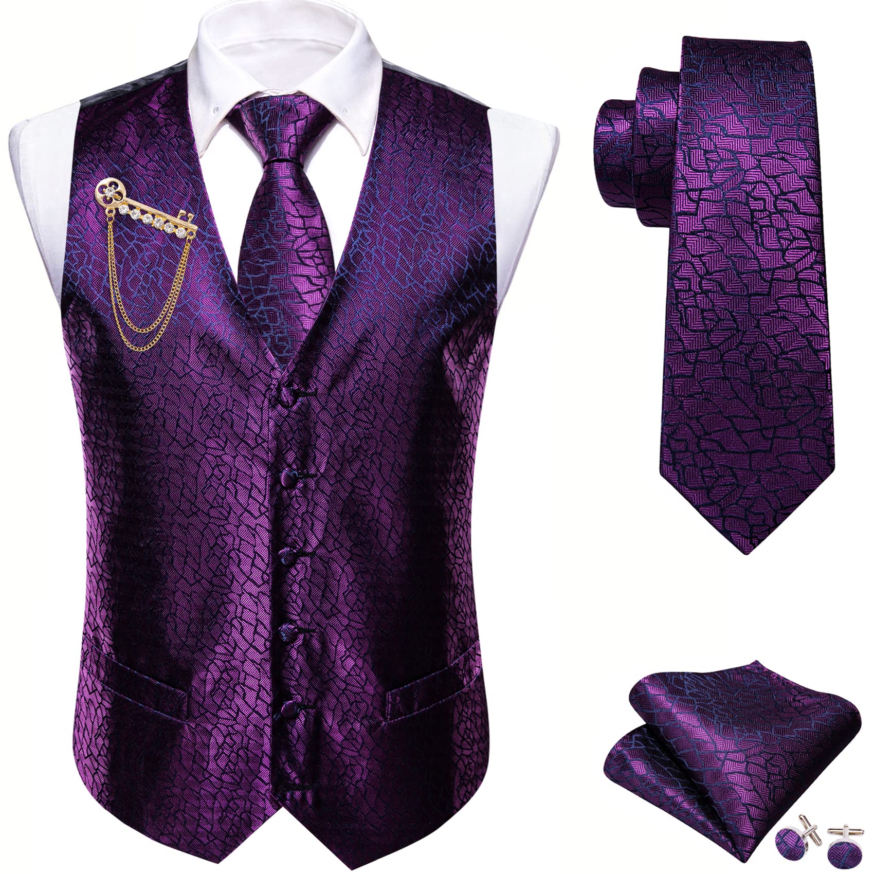 Barry.Wang Men Purple Dress Vest Matched Tie Set