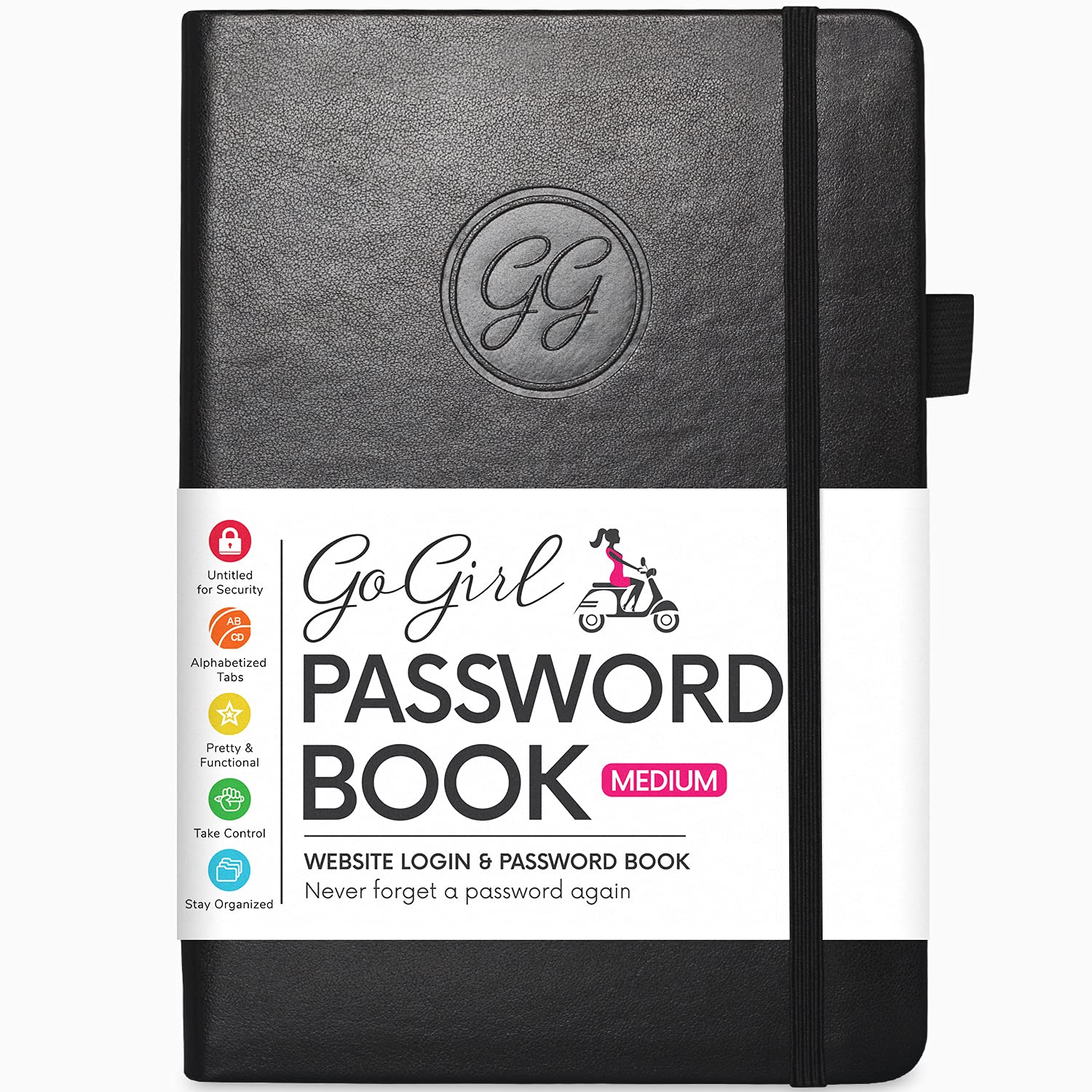 GoGirl Password Book with Alphabetical tabs – Internet Address & Password Keeper Logbook for Password Organization, Journal Notebook for Saving Website Logins. Medium Size 13.5 x 19cm - Black
