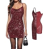 Popilush Sequin Mini Dress for Women - Slimming Shapewear with Cowl Neck Bodycon Sparkly Gown Cocktail Party and Club