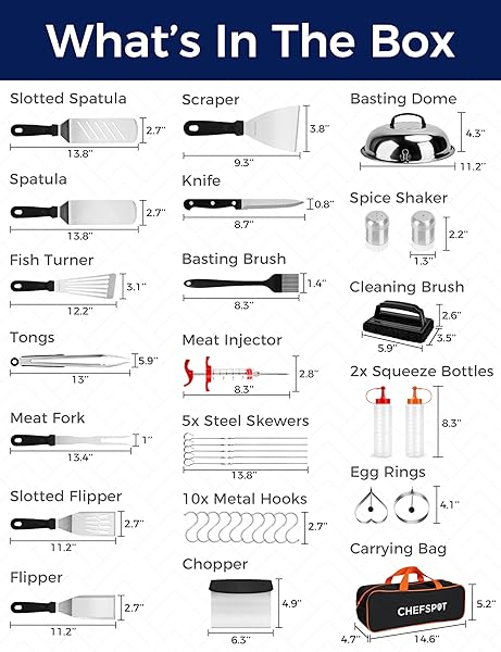 CHEFSPOT 36PC GRIDDLE ACCESSORIES KIT – FLAT TOP GRILL ACCESSORIES HIBACHI SPATULA SET FOR WEBER AND BLACKSTONE GRIDDLES, BREAKFAST TOOLS, BASTING COVER, CLEANING BRUSH FOR OUTDOOR BBQ