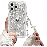 Pretaco Compatible with iPhone 14 Phone Case Cute Wave Border Love Heart White Bow Pattern with Bow Bracelet, Soft TPU Material, Suitable for Women, Girls.