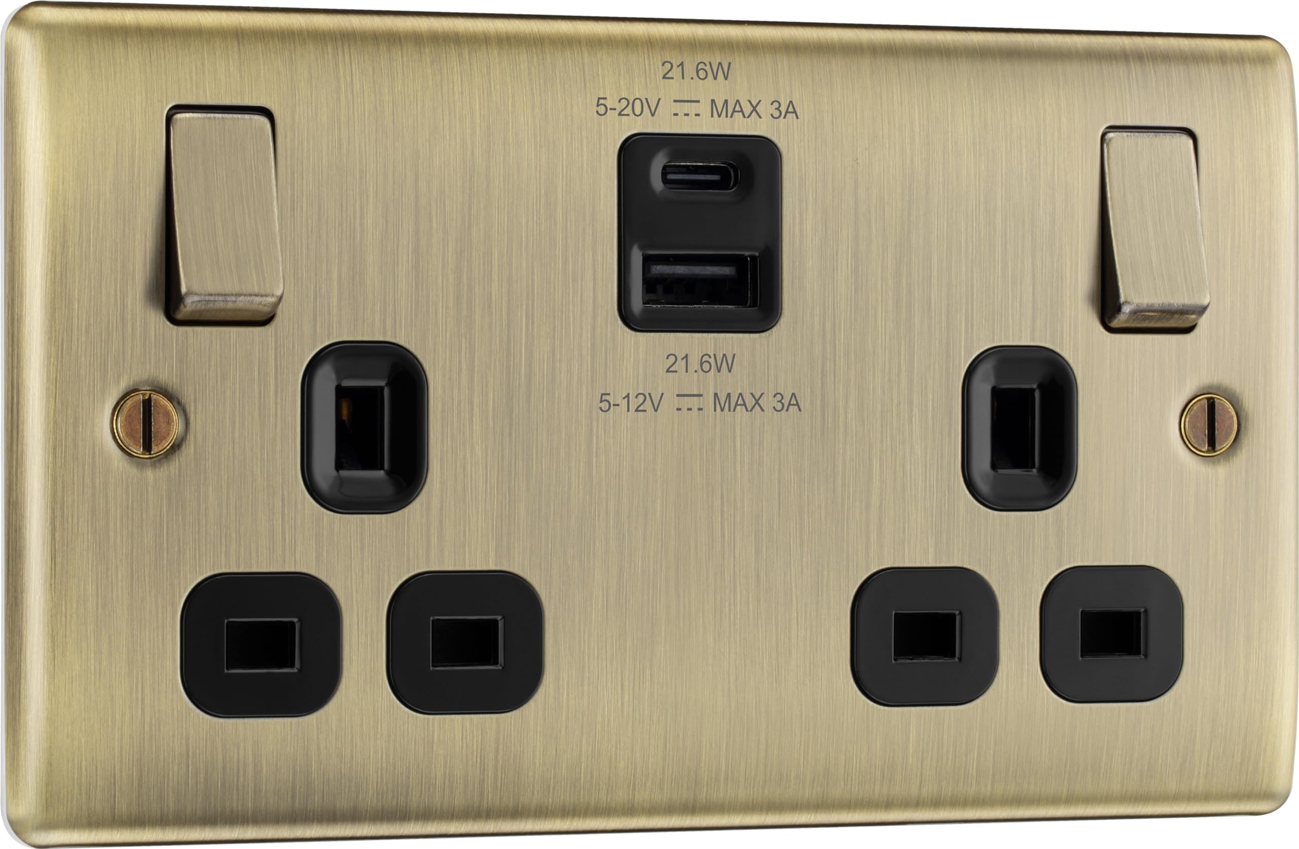 BG Electrical 22W Double Switched Wall Plug Socket with Fast Charge USB A and USB C Charging Ports, Nexus Metal, Antique Brass, 13A, NAB22UAC22B